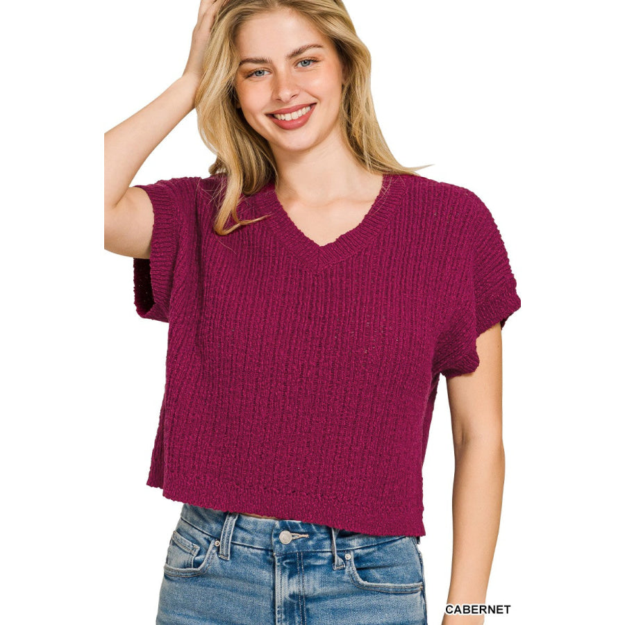 Zenana Textured Knit V-Neck Cropped Sweater CABERNET / S Apparel and Accessories