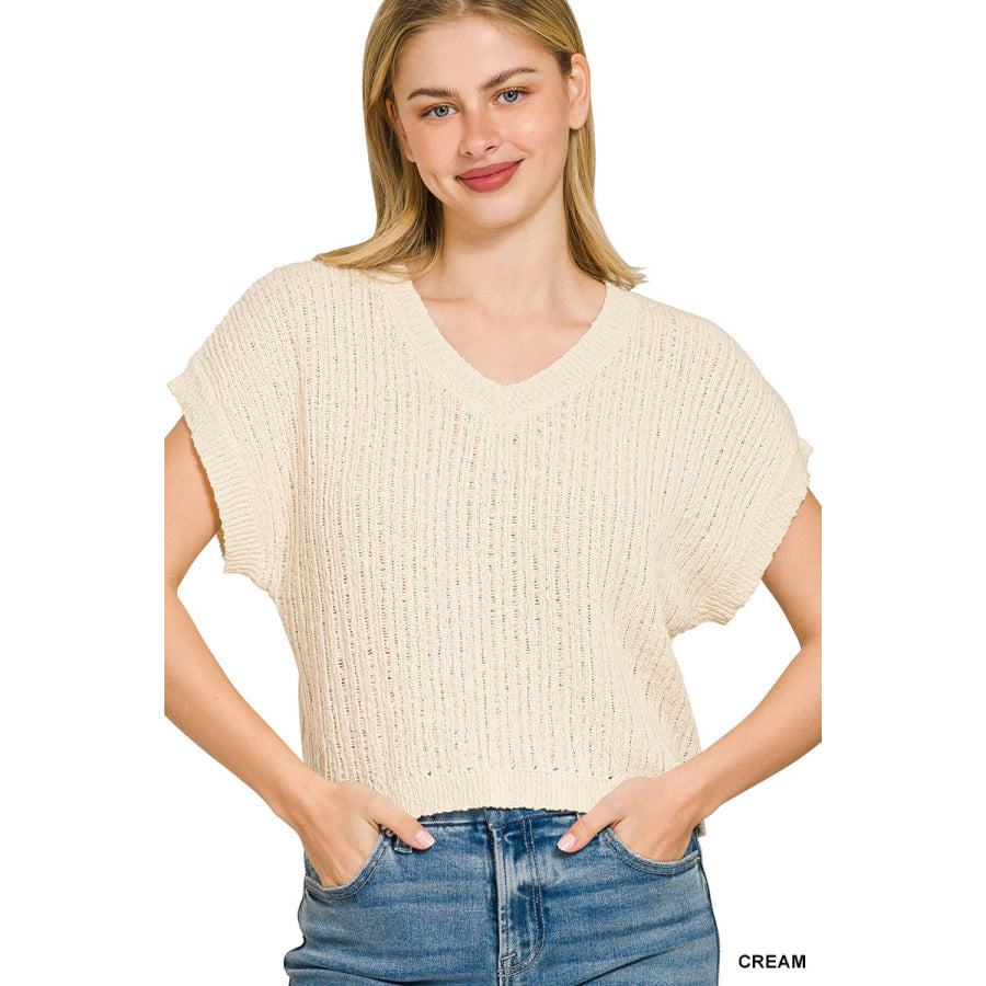 Zenana Textured Knit V-Neck Cropped Sweater CREAM / S Apparel and Accessories