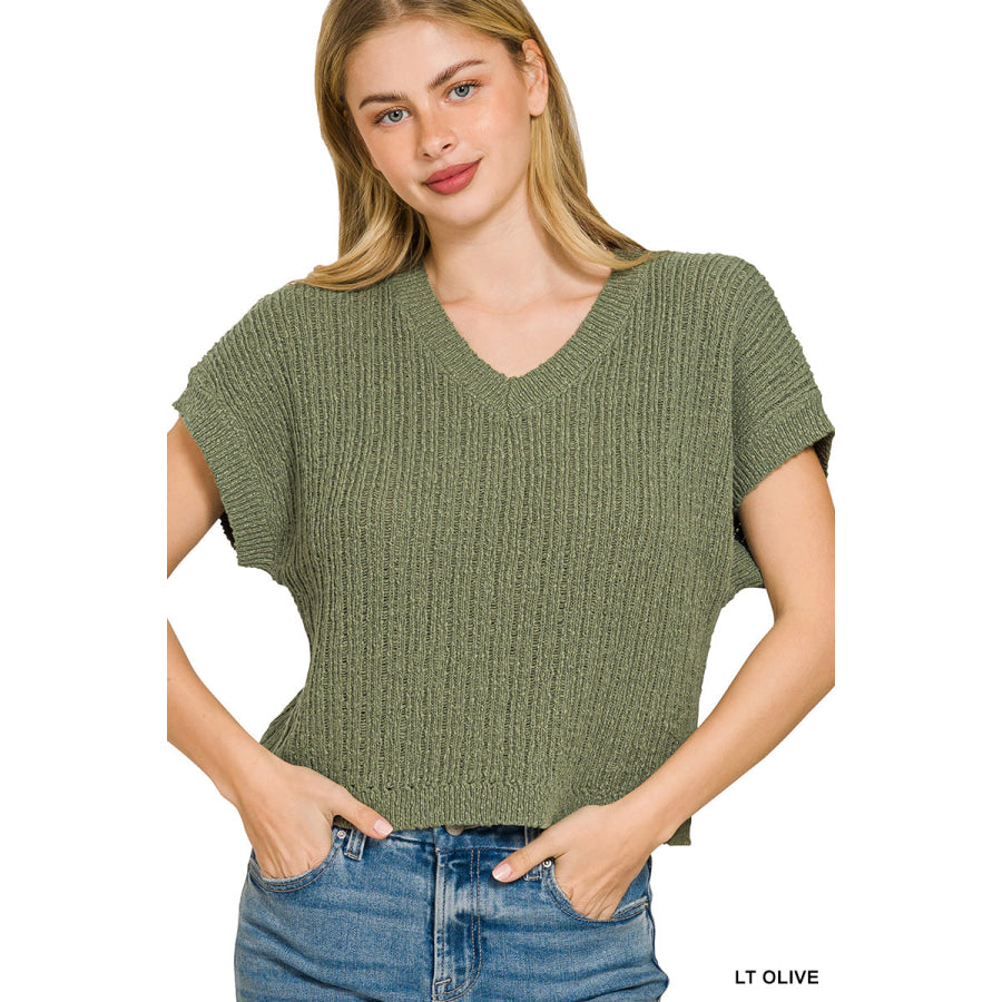 Zenana Textured Knit V-Neck Cropped Sweater LT OLIVE / S Apparel and Accessories