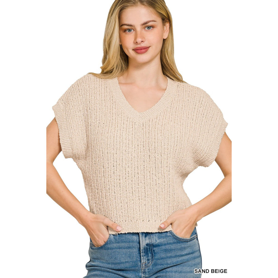 Zenana Textured Knit V-Neck Cropped Sweater SAND BEIGE / S Apparel and Accessories