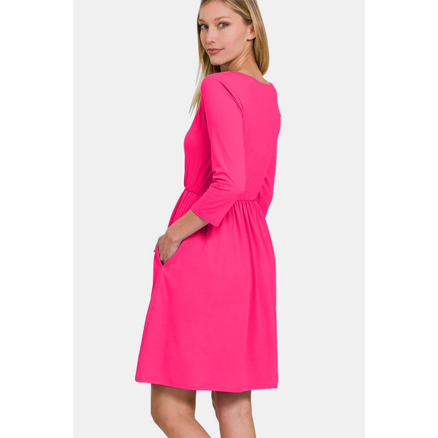 Zenana Three-Quarter Sleeve Surplice Dress with Pockets Apparel and Accessories