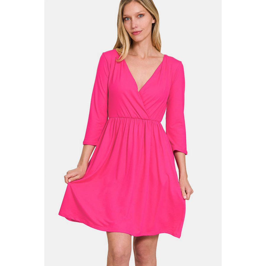 Zenana Three-Quarter Sleeve Surplice Dress with Pockets Hot Pink / S Apparel and Accessories