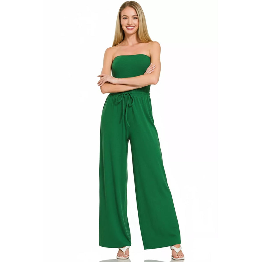 Zenana Tube Top Jumpsuit with Drawstring Waist DK GREEN / S Apparel and Accessories
