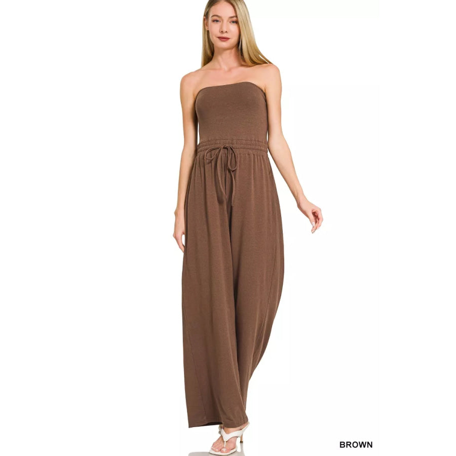 Zenana Tube Top Jumpsuit with Drawstring Waist BROWN / S Apparel and Accessories