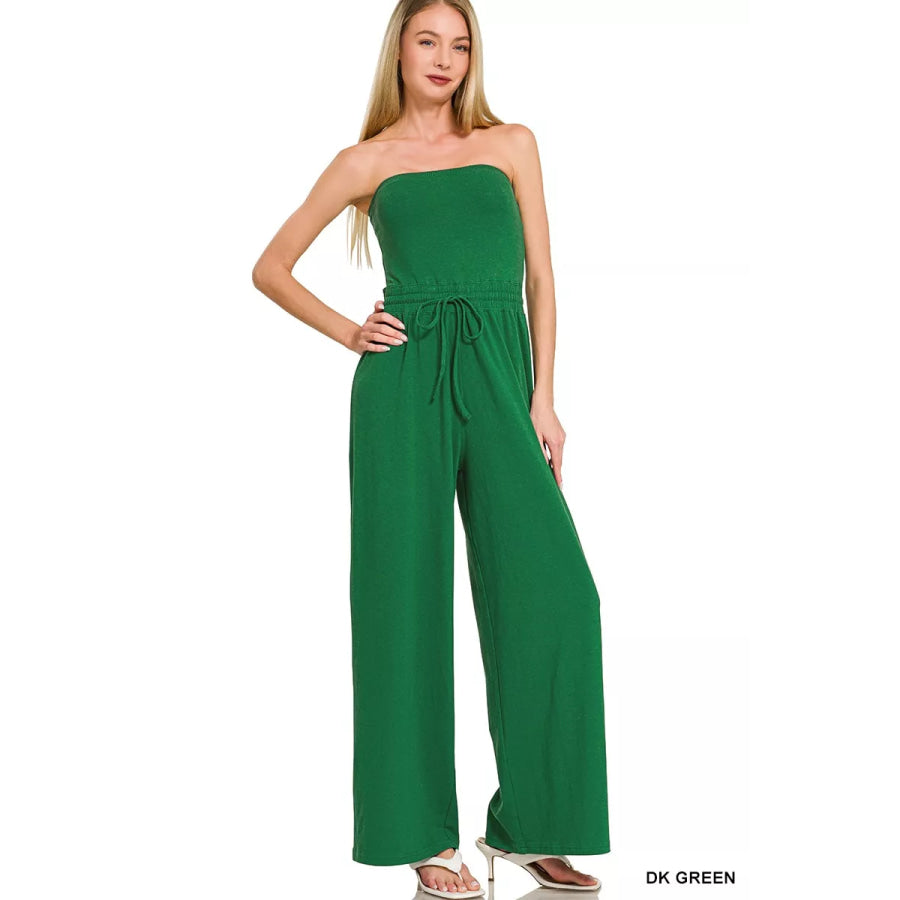Zenana Tube Top Jumpsuit with Drawstring Waist DK GREEN / S Apparel and Accessories