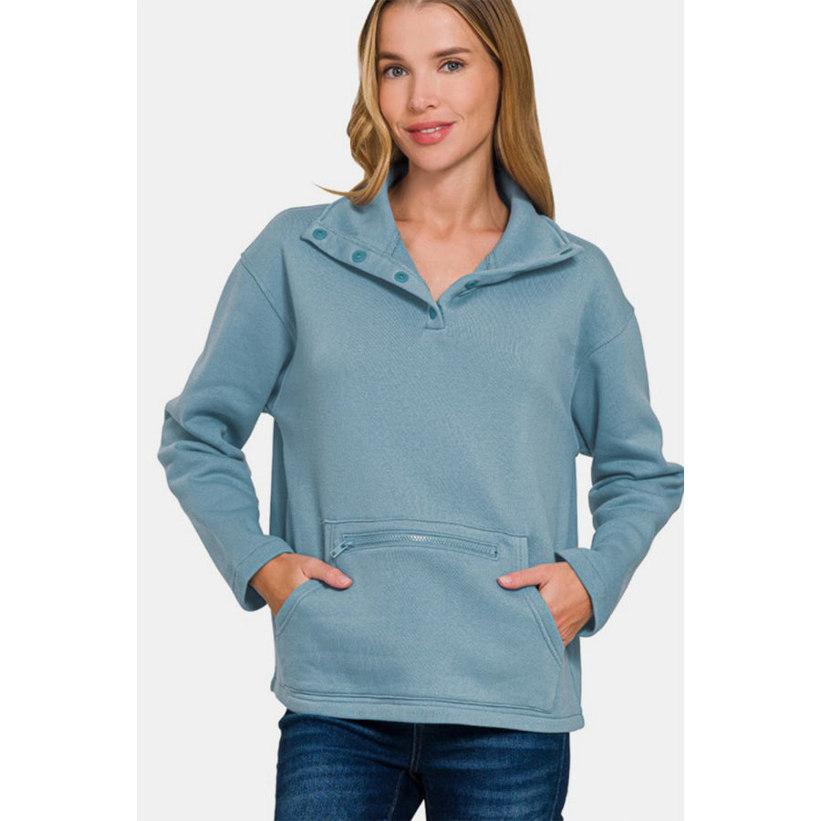 Zenana Turtleneck Half Snap Fleece Sweatshirt Air Force Blue / S Apparel and Accessories