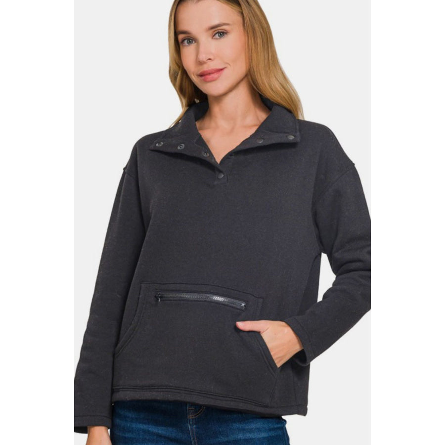 Zenana Turtleneck Half Snap Fleece Sweatshirt Apparel and Accessories