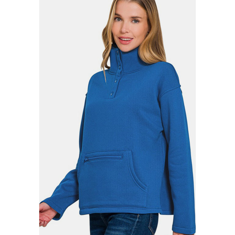 Zenana Turtleneck Half Snap Fleece Sweatshirt Apparel and Accessories