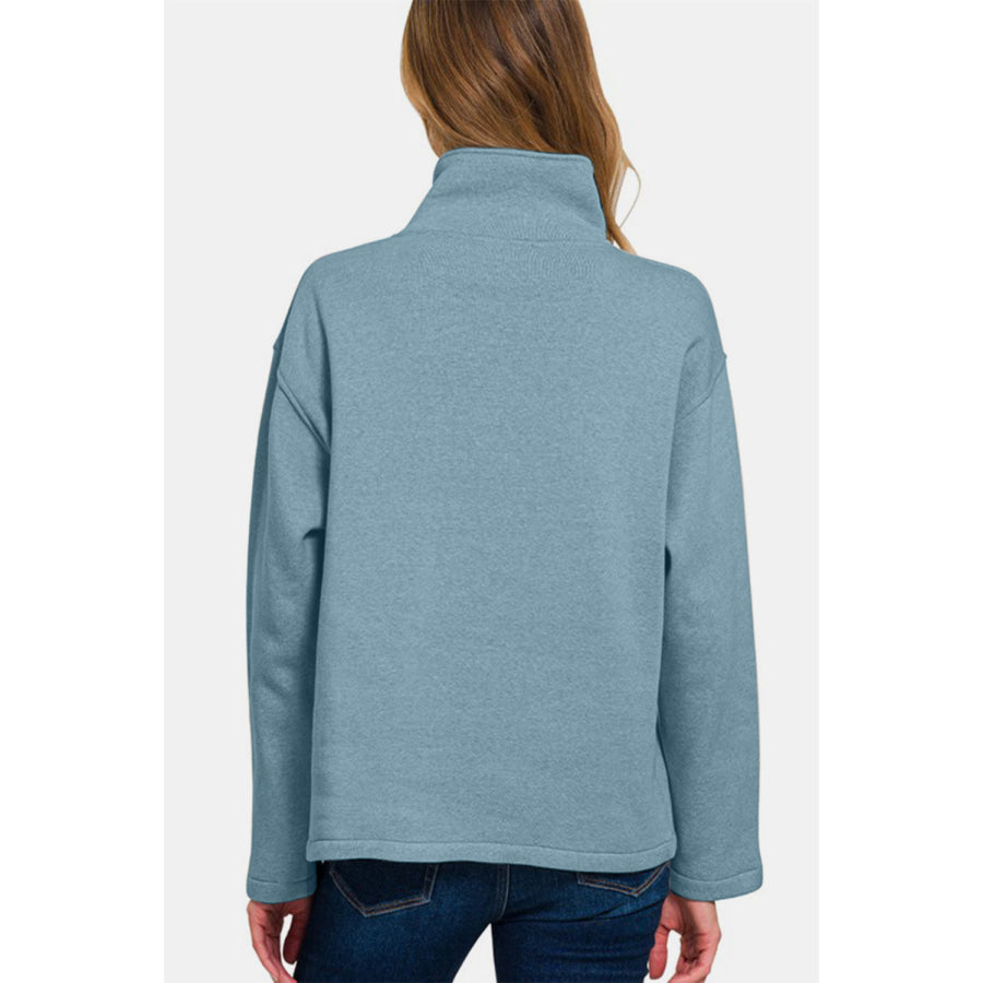 Zenana Turtleneck Half Snap Fleece Sweatshirt Air Force Blue / S Apparel and Accessories