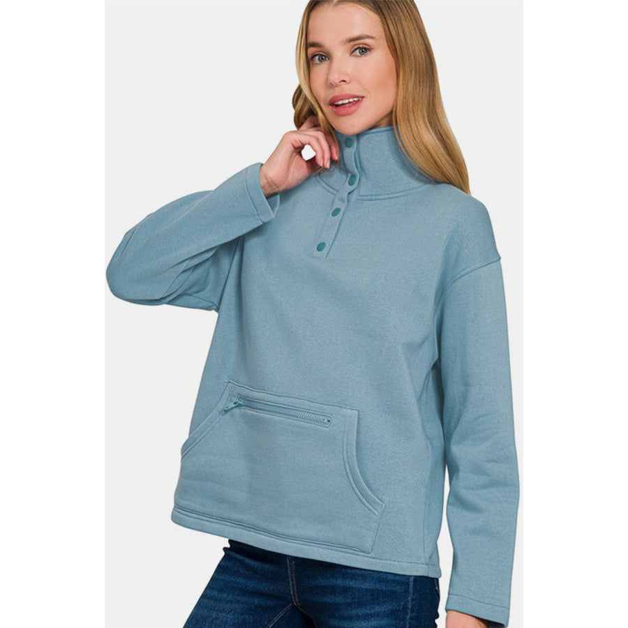 Zenana Turtleneck Half Snap Fleece Sweatshirt Apparel and Accessories