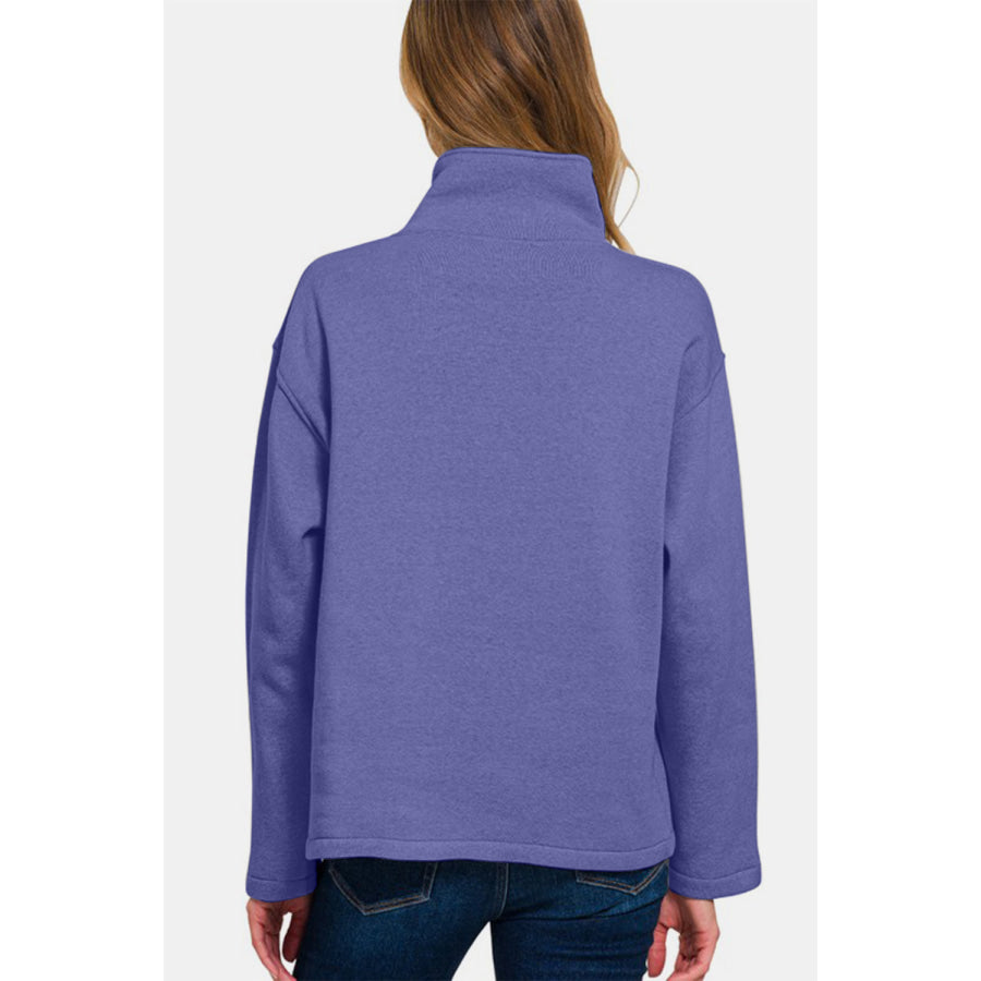 Zenana Turtleneck Half Snap Fleece Sweatshirt Blue Purple / S Apparel and Accessories