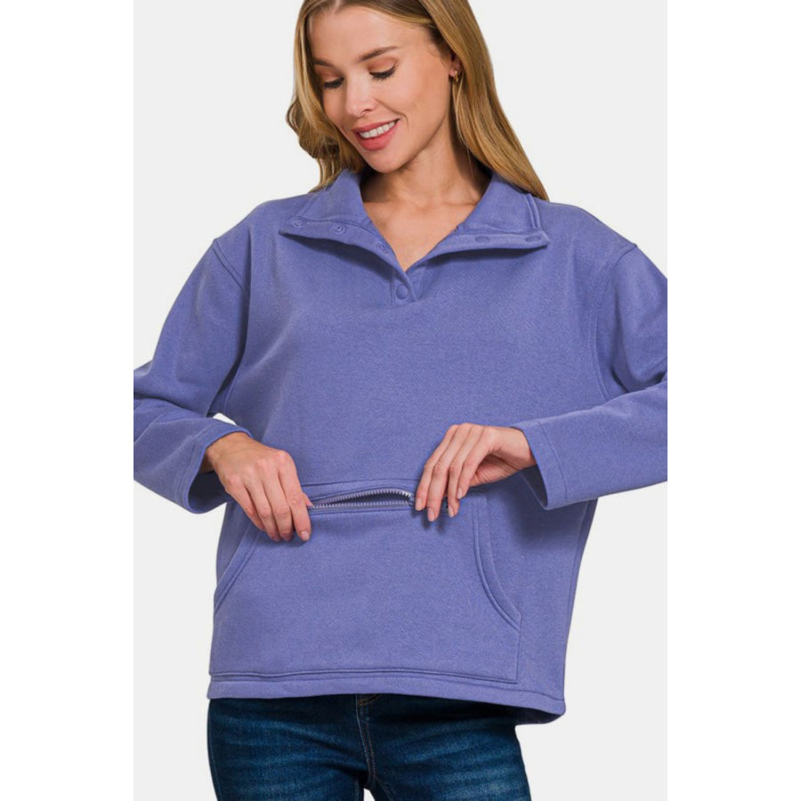 Zenana Turtleneck Half Snap Fleece Sweatshirt Apparel and Accessories