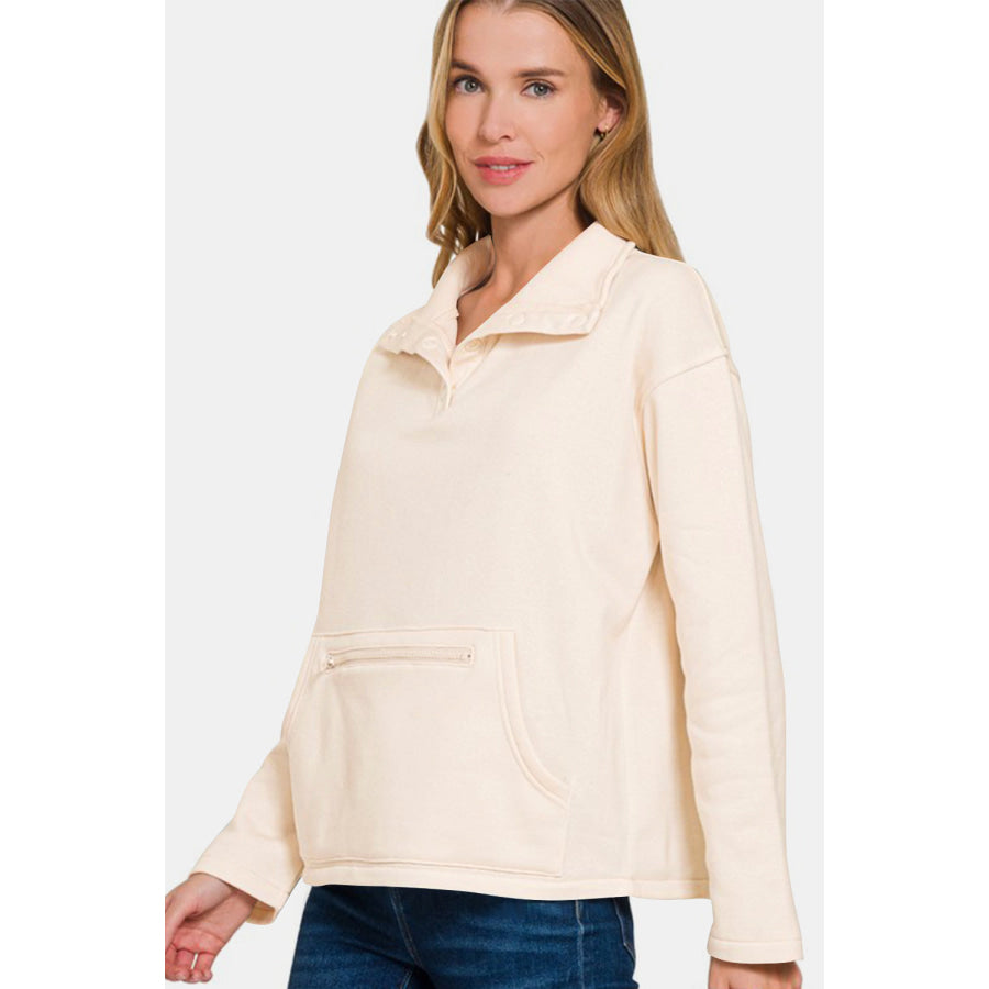 Zenana Turtleneck Half Snap Fleece Sweatshirt Cream / S Apparel and Accessories