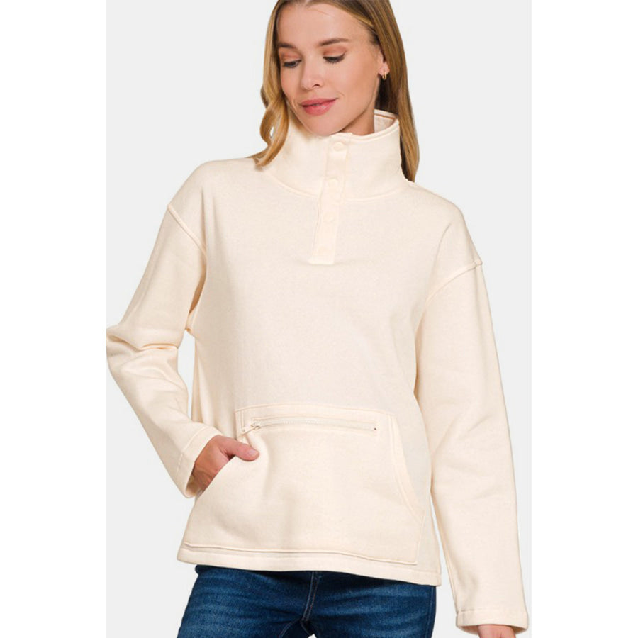 Zenana Turtleneck Half Snap Fleece Sweatshirt Apparel and Accessories