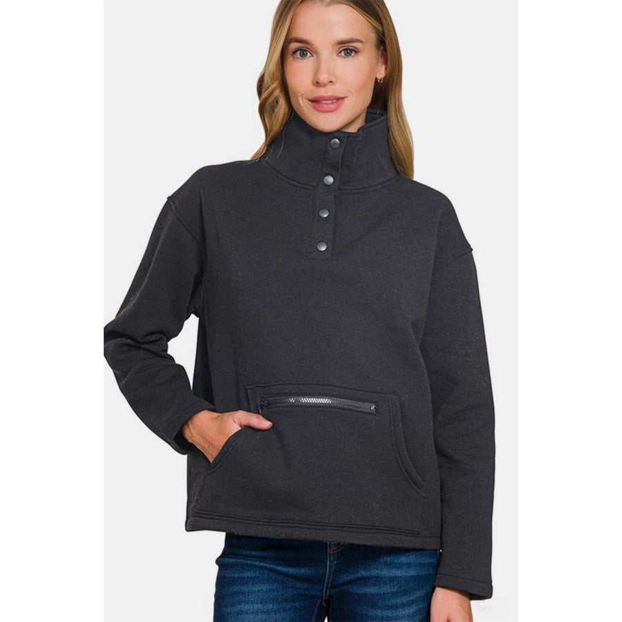 Zenana Turtleneck Half Snap Fleece Sweatshirt Black / S Apparel and Accessories