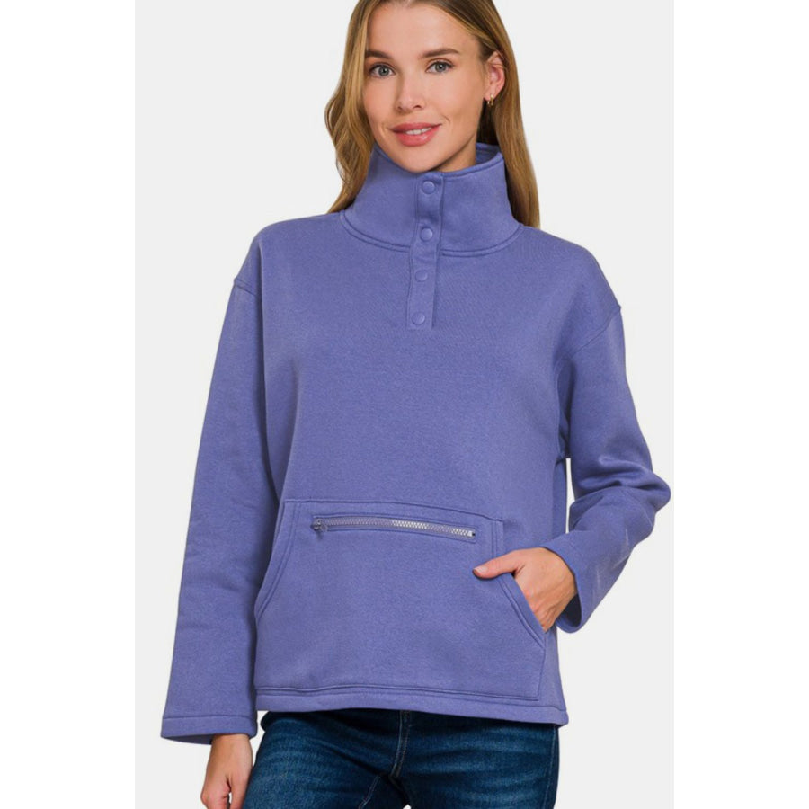 Zenana Turtleneck Half Snap Fleece Sweatshirt Blue Purple / S Apparel and Accessories