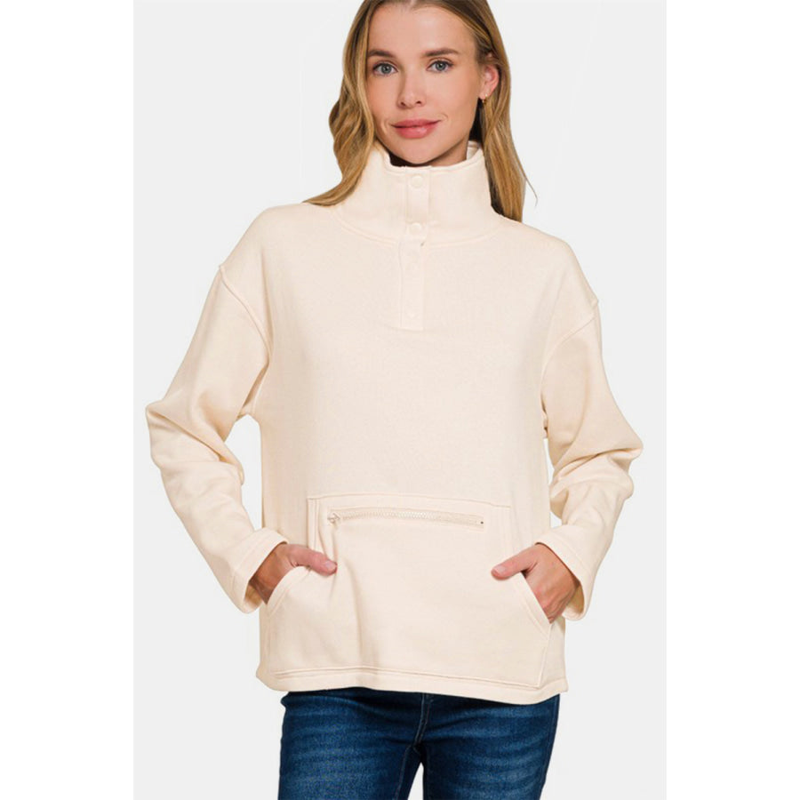 Zenana Turtleneck Half Snap Fleece Sweatshirt Cream / S Apparel and Accessories