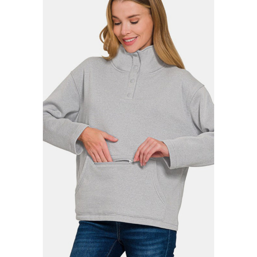 Zenana Turtleneck Half Snap Fleece Sweatshirt Gray / S Apparel and Accessories