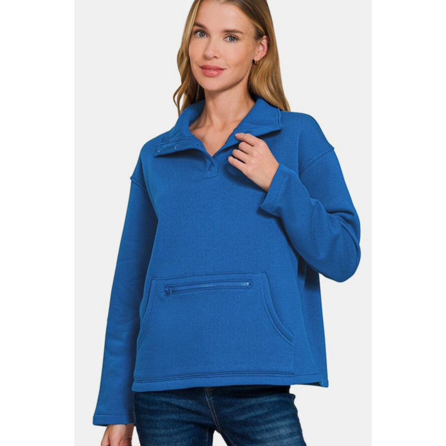 Zenana Turtleneck Half Snap Fleece Sweatshirt Royal Blue / S Apparel and Accessories