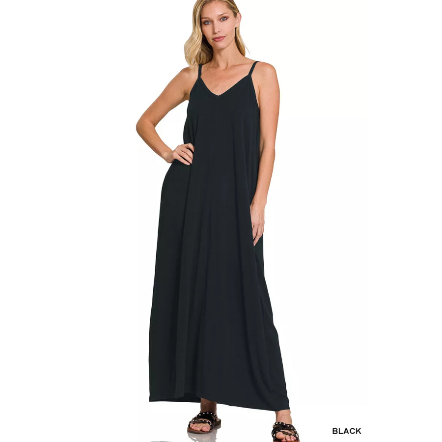 Zenana V-Neck Cami Maxi Dress with Side Pockets BLACK / S Apparel and Accessories