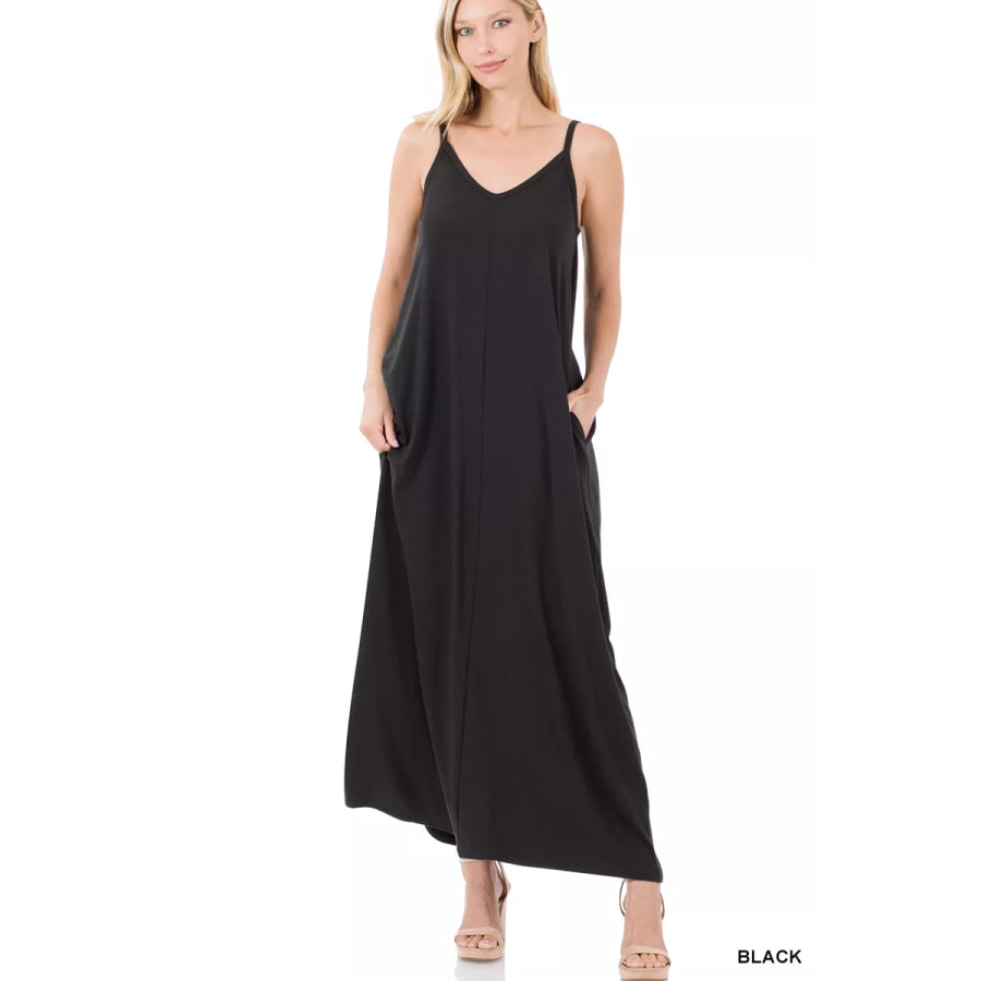 Zenana V-Neck Cami Maxi Dress with Side Pockets BLACK / S Apparel and Accessories