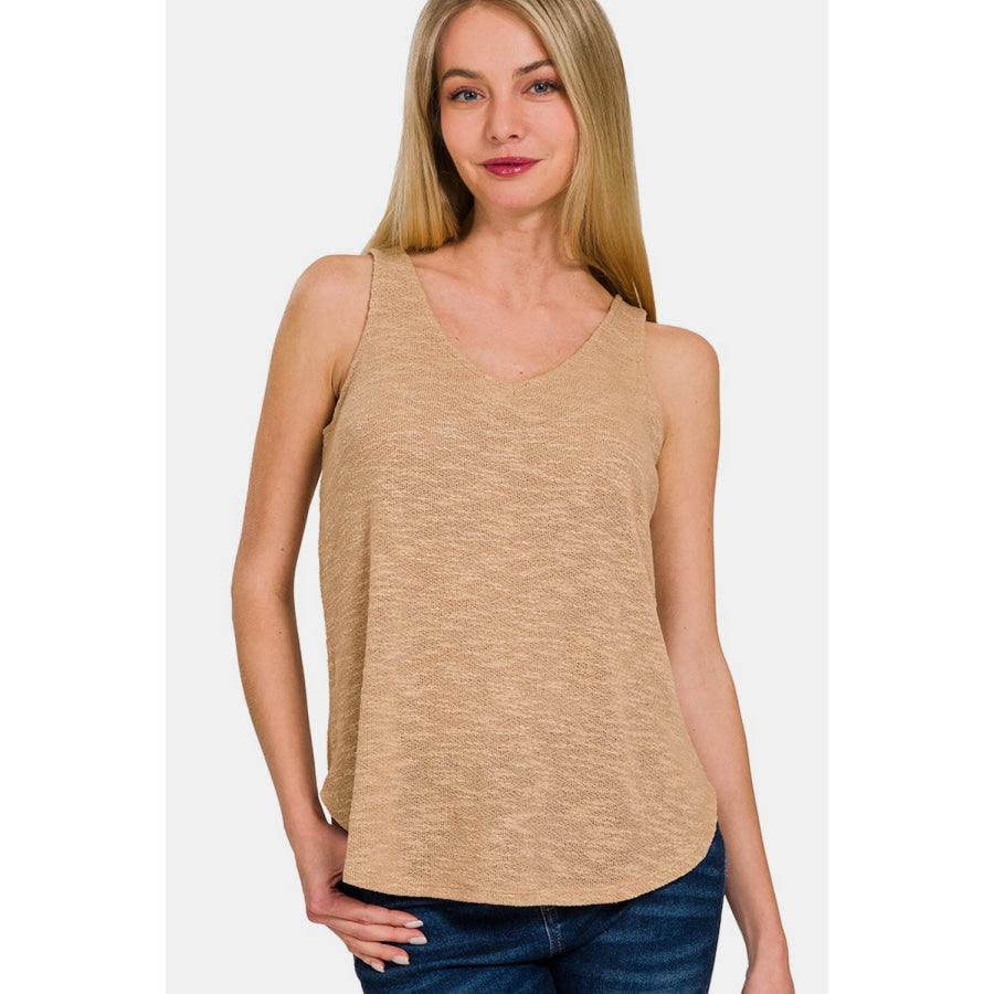 Zenana V-Neck Curved Hem Tank Dk Brush / S Apparel and Accessories