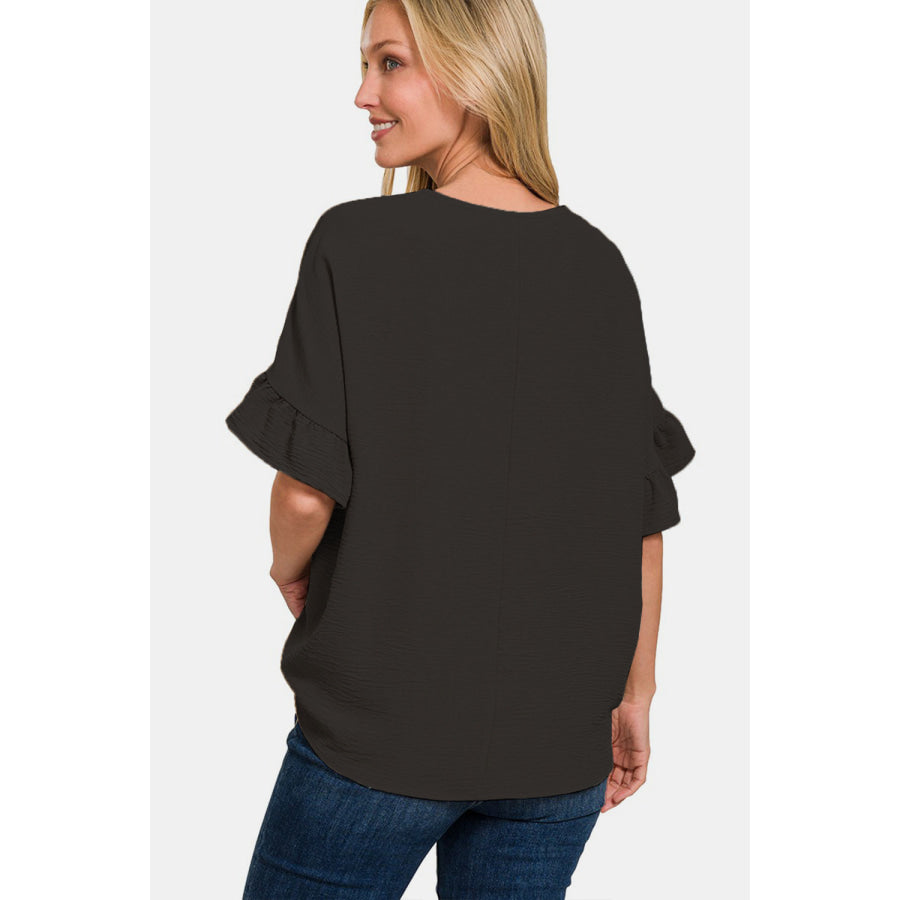 Zenana V - Neck Flutter Sleeve Top Black / S Apparel and Accessories
