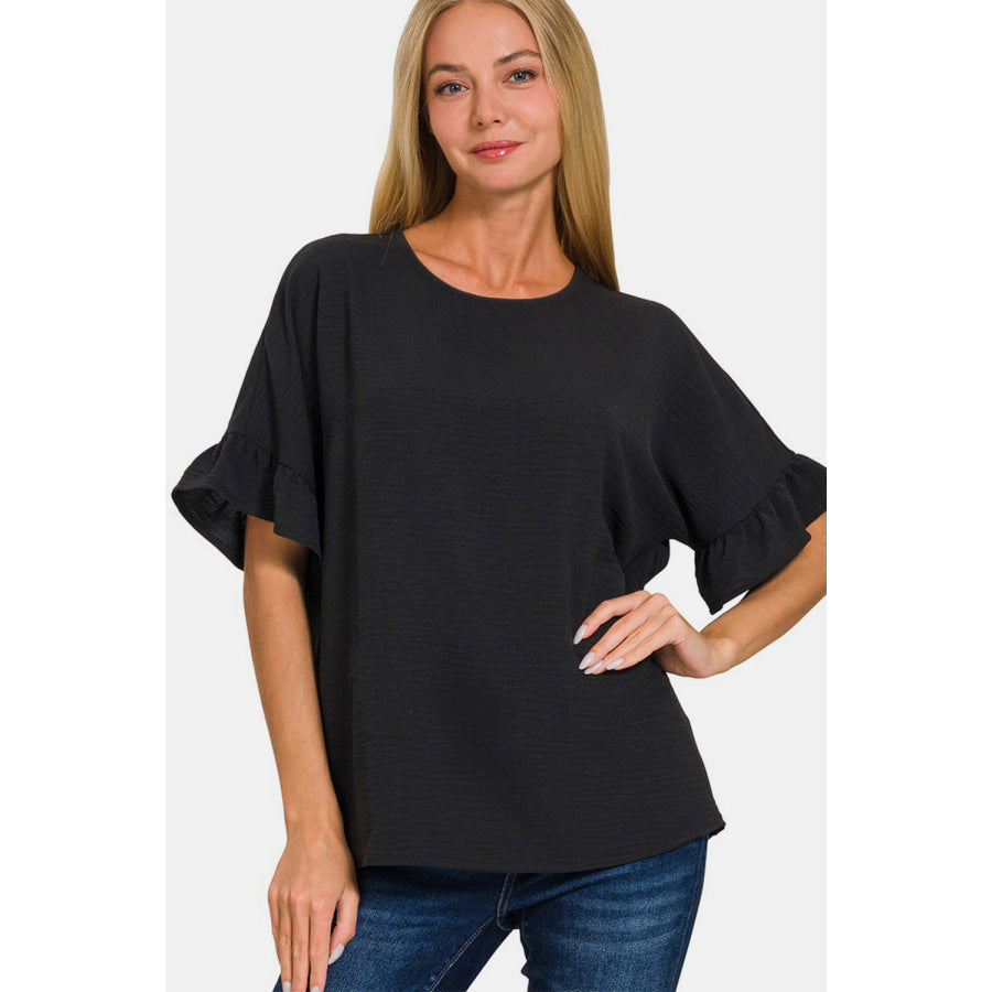 Zenana V - Neck Flutter Sleeve Top Black / S Apparel and Accessories