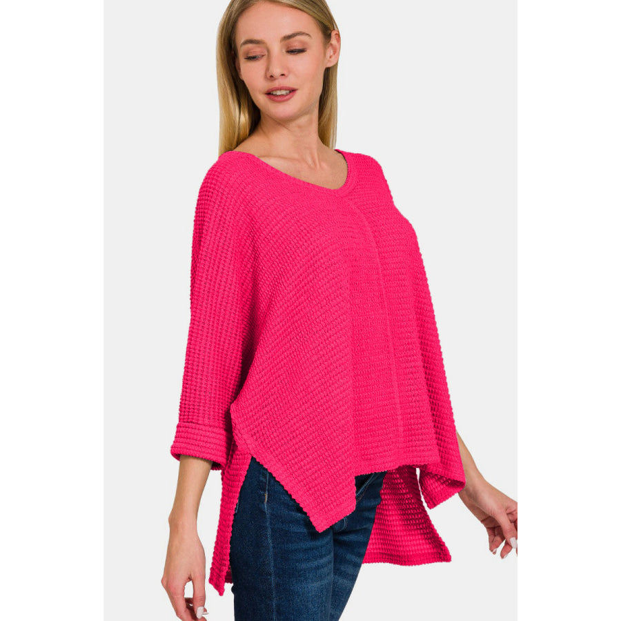Zenana V-Neck High-Low Jacquard Knit Top Apparel and Accessories