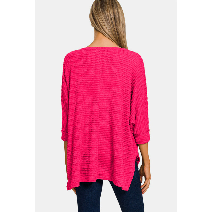 Zenana V-Neck High-Low Jacquard Knit Top Viva Magenta / S/M Apparel and Accessories