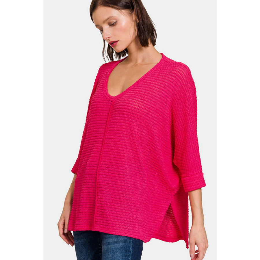 Zenana V-Neck High-Low Jacquard Knit Top Viva Magenta / S/M Apparel and Accessories