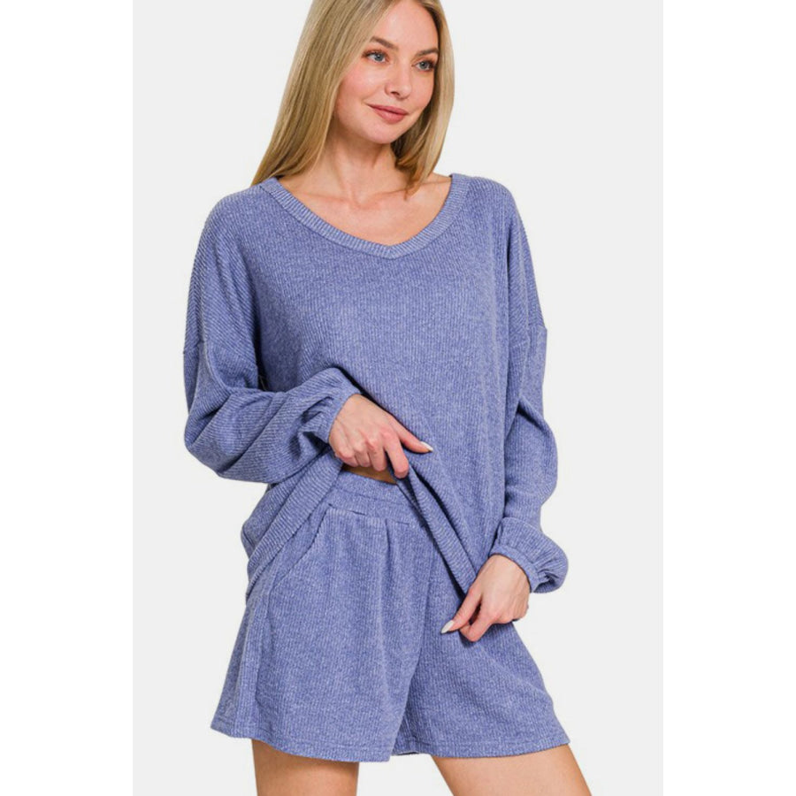 Zenana V-Neck Long Sleeve Ribbed Top and Shorts Set Apparel and Accessories