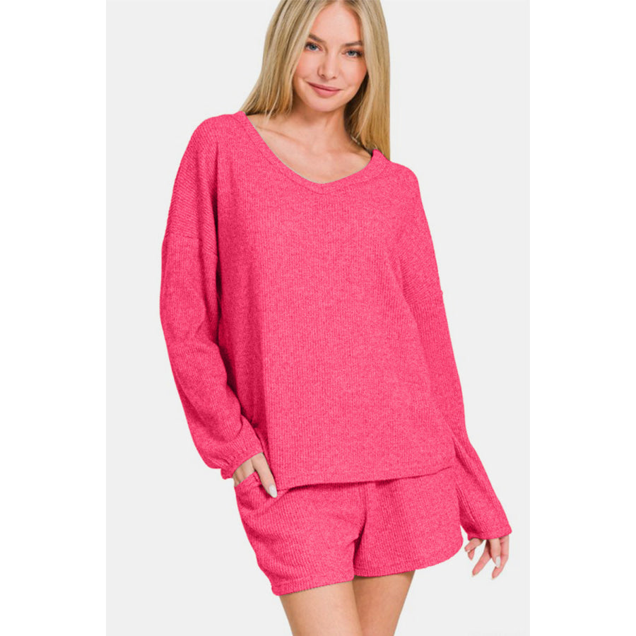 Zenana V-Neck Long Sleeve Ribbed Top and Shorts Set Apparel and Accessories