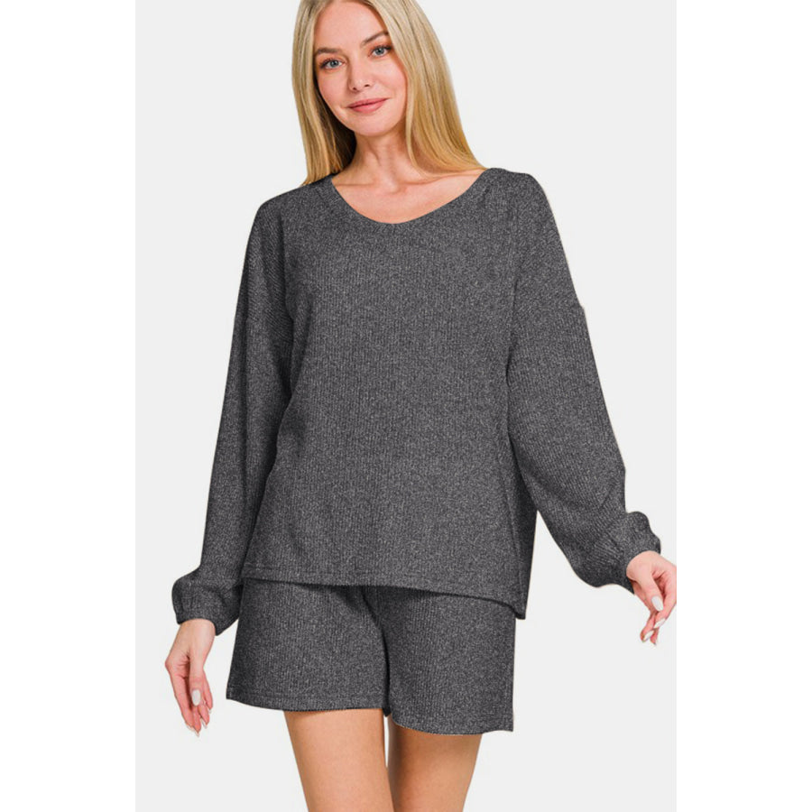 Zenana V-Neck Long Sleeve Ribbed Top and Shorts Set Apparel and Accessories