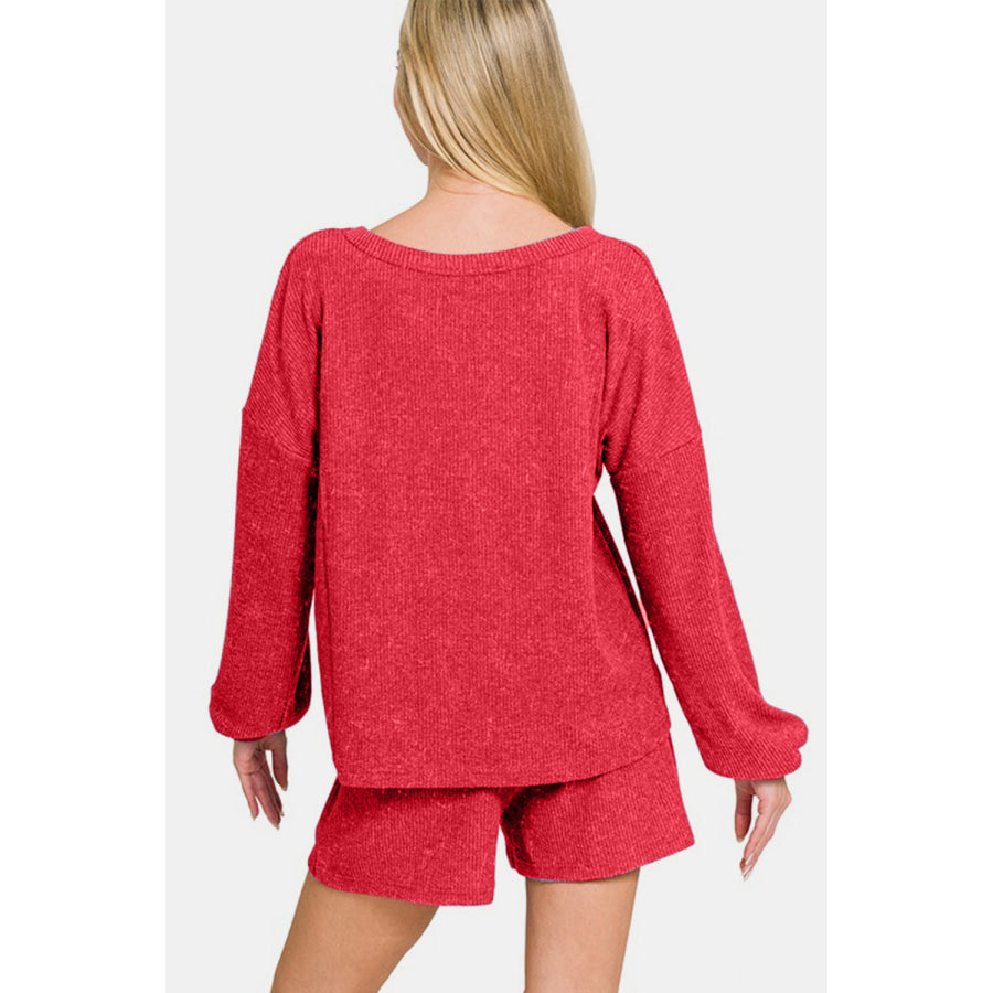 Zenana V-Neck Long Sleeve Ribbed Top and Shorts Set Apparel and Accessories