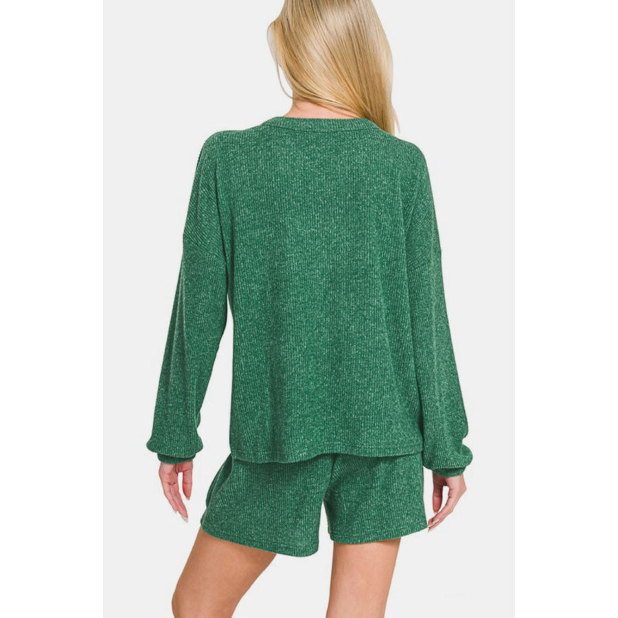 Zenana V-Neck Long Sleeve Ribbed Top and Shorts Set Dark Green / S Apparel and Accessories