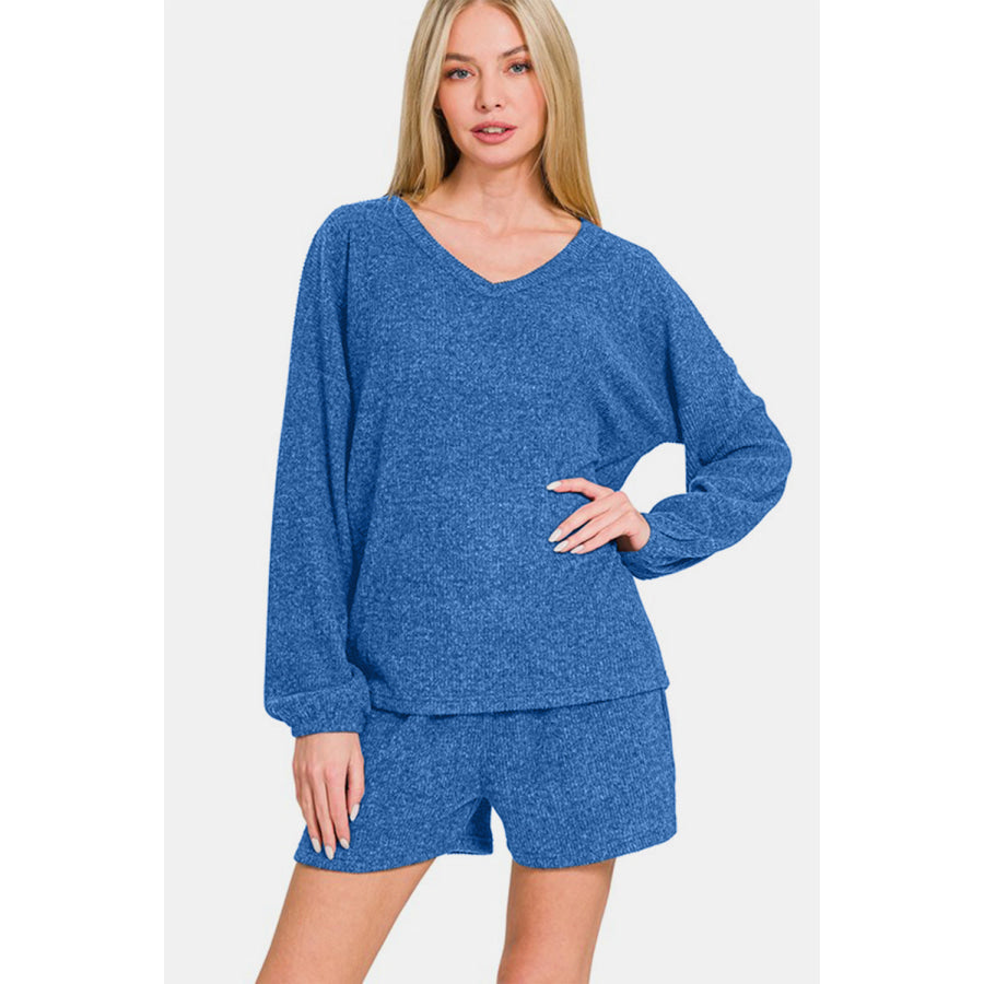 Zenana V-Neck Long Sleeve Ribbed Top and Shorts Set Apparel and Accessories