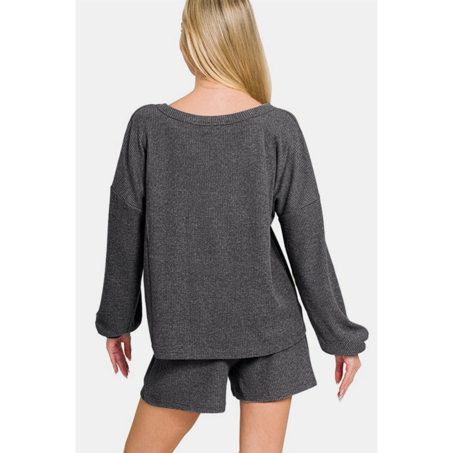 Zenana V-Neck Long Sleeve Ribbed Top and Shorts Set Apparel and Accessories