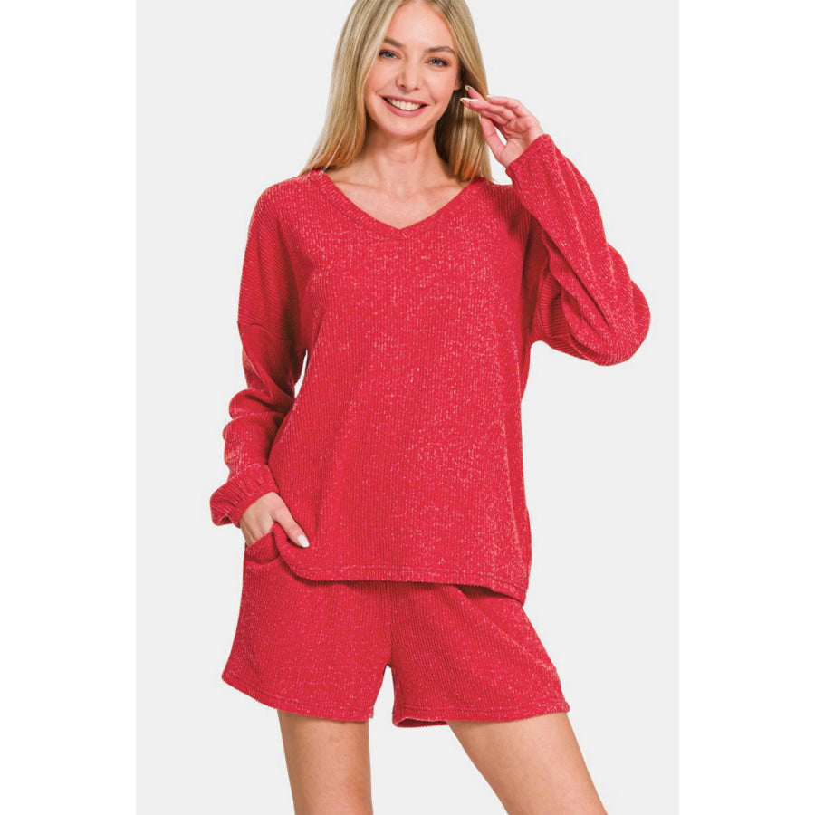 Zenana V-Neck Long Sleeve Ribbed Top and Shorts Set Apparel and Accessories