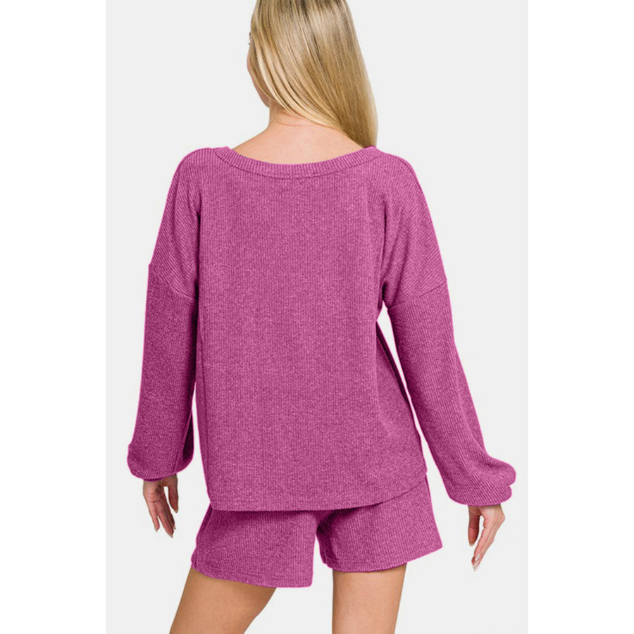 Zenana V-Neck Long Sleeve Ribbed Top and Shorts Set Apparel and Accessories