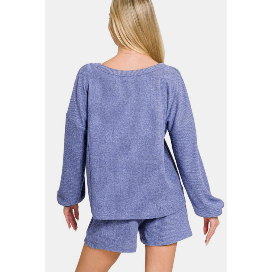 Zenana V-Neck Long Sleeve Ribbed Top and Shorts Set Apparel and Accessories