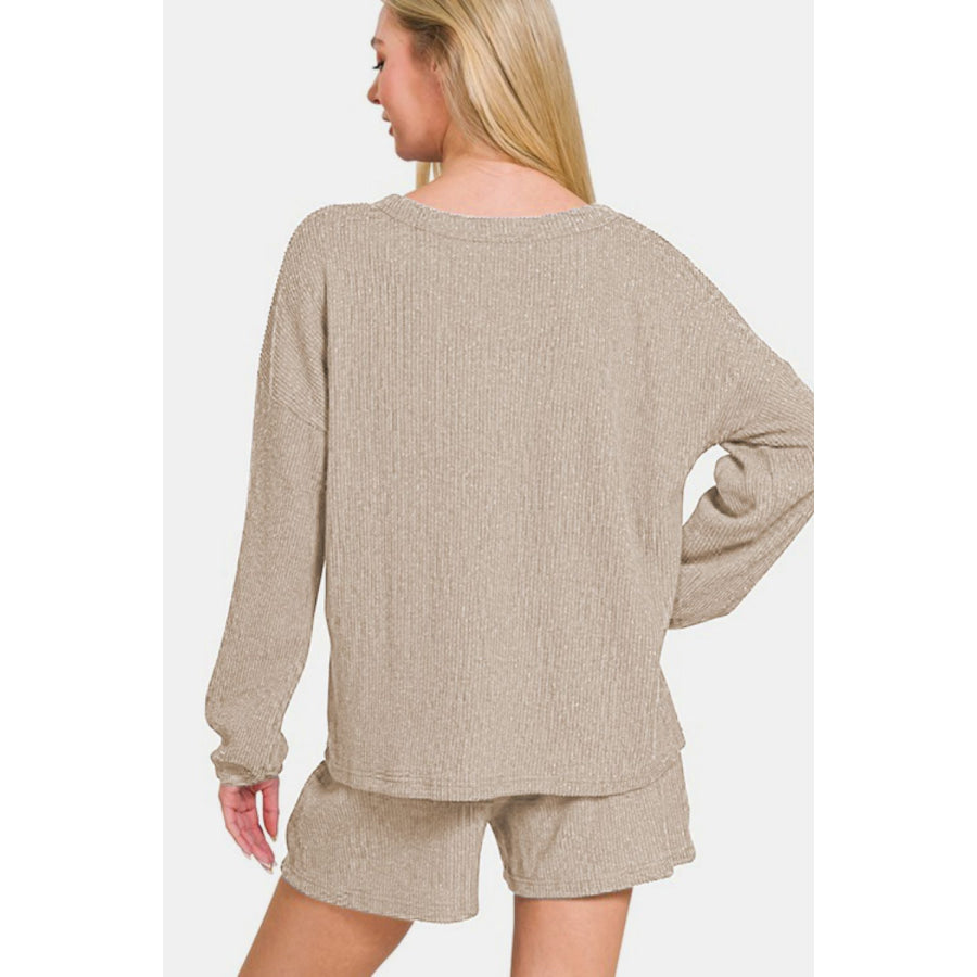 Zenana V-Neck Long Sleeve Ribbed Top and Shorts Set Apparel and Accessories