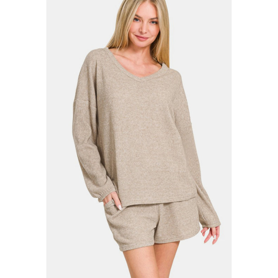 Zenana V-Neck Long Sleeve Ribbed Top and Shorts Set Apparel and Accessories