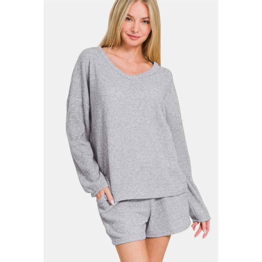 Zenana V-Neck Long Sleeve Ribbed Top and Shorts Set Apparel and Accessories