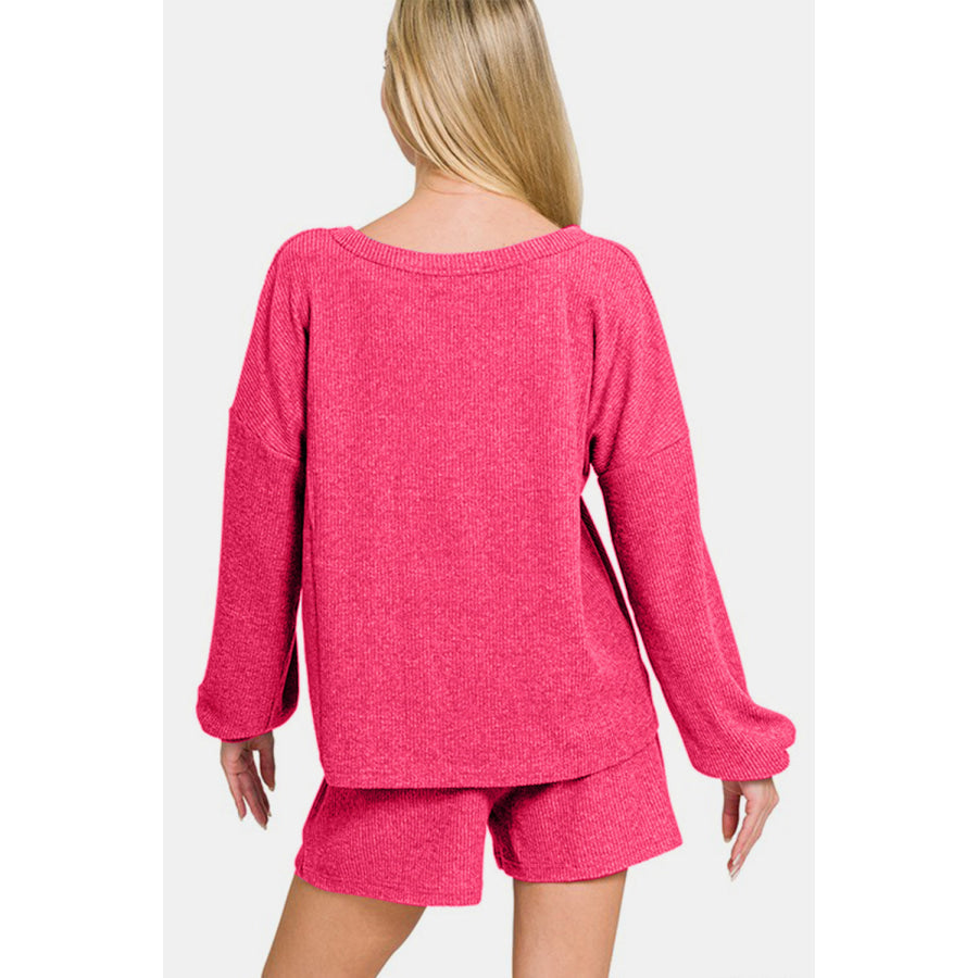 Zenana V-Neck Long Sleeve Ribbed Top and Shorts Set Strawberry / S Apparel and Accessories