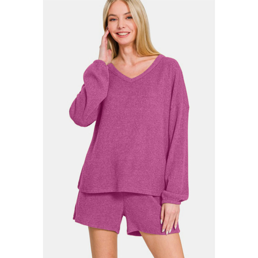 Zenana V-Neck Long Sleeve Ribbed Top and Shorts Set Apparel and Accessories