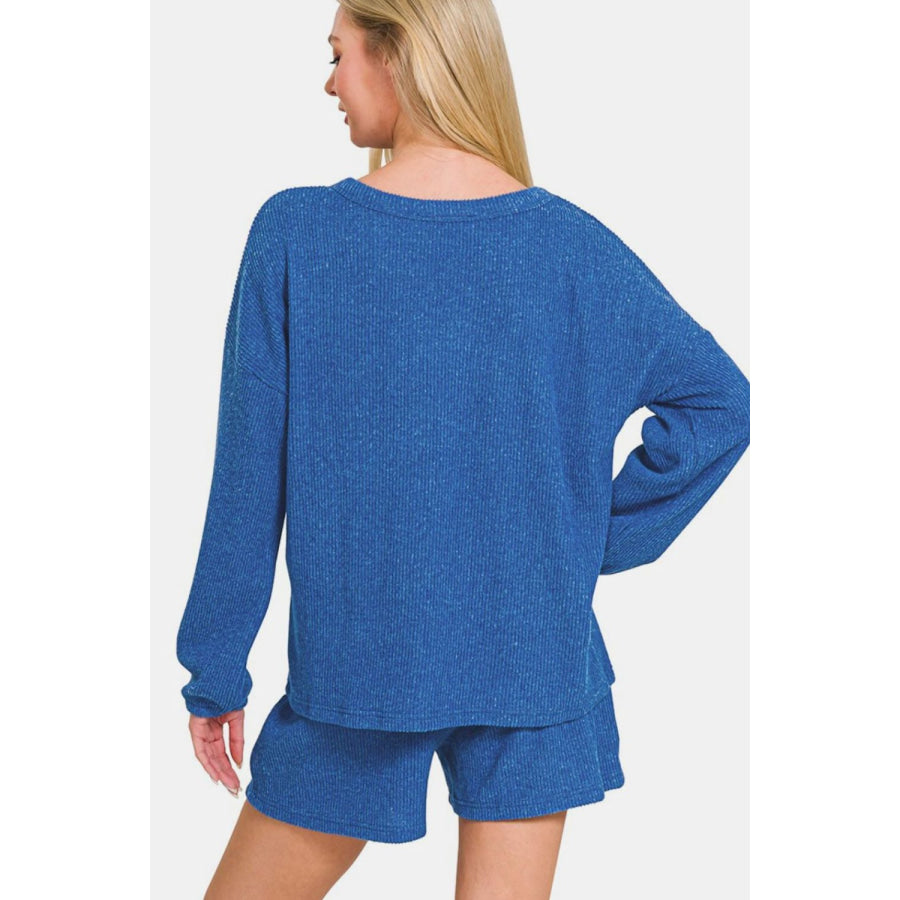 Zenana V-Neck Long Sleeve Ribbed Top and Shorts Set Apparel and Accessories