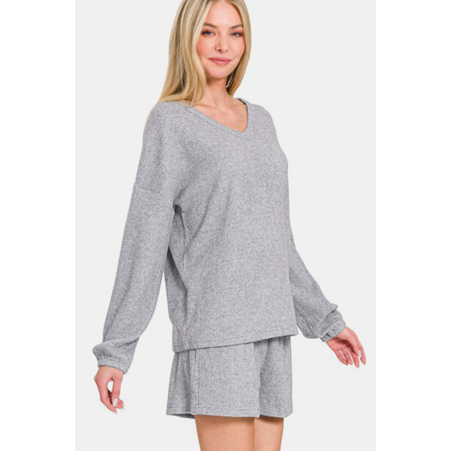 Zenana V-Neck Long Sleeve Ribbed Top and Shorts Set Apparel and Accessories