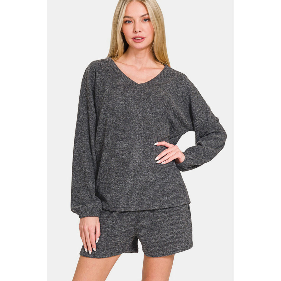 Zenana V-Neck Long Sleeve Ribbed Top and Shorts Set Black / S Apparel and Accessories