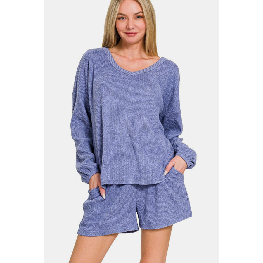 Zenana V-Neck Long Sleeve Ribbed Top and Shorts Set Blue Purple / S Apparel and Accessories